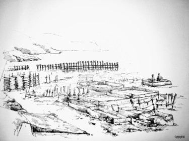 Drawing titled "Cancale, les parcs…" by Veronique Gaudin, Original Artwork, Ink