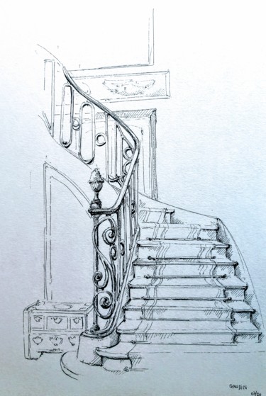Drawing titled "L' escalier" by Veronique Gaudin, Original Artwork, Ink