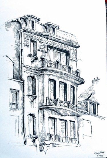 Dessin intitulée "Villa, Cherbourg" par Veronique Gaudin, Œuvre d'art originale, Encre