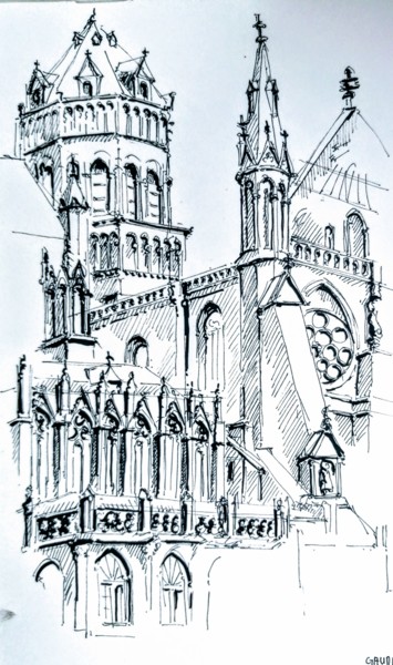 Desenho intitulada "Strasbourg, la cath…" por Veronique Gaudin, Obras de arte originais, Tinta