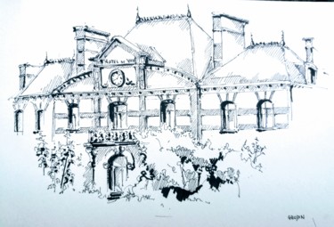 Dessin intitulée "L'hôtel de ville" par Veronique Gaudin, Œuvre d'art originale, Encre