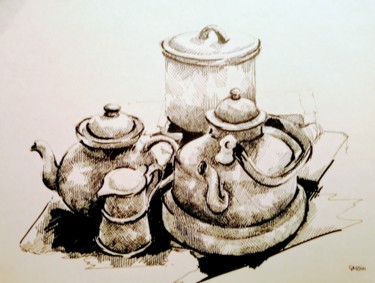 Drawing titled "Cuisine d'antan" by Veronique Gaudin, Original Artwork, Ink