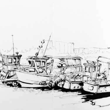 Dessin intitulée "Cherbourg, le port" par Veronique Gaudin, Œuvre d'art originale, Encre