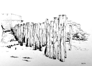 Drawing titled "Plage de l'éventail…" by Veronique Gaudin, Original Artwork, Ink