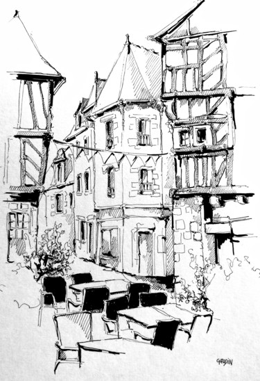 제목이 "Place de l'église à…"인 그림 Veronique Gaudin로, 원작, 잉크