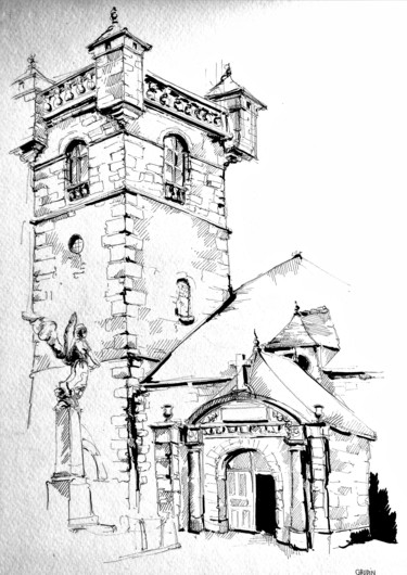 Zeichnungen mit dem Titel "L'église, Saint Pie…" von Veronique Gaudin, Original-Kunstwerk, Tinte