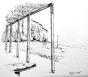 Desenho intitulada "Plage du Tréport" por Veronique Gaudin, Obras de arte originais, Tinta