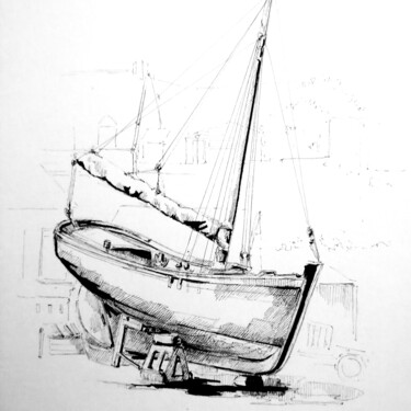 Drawing titled "Port à sec des bas…" by Veronique Gaudin, Original Artwork, Ink