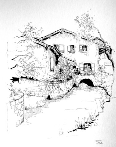 「Moulin de Bassilour」というタイトルの描画 Veronique Gaudinによって, オリジナルのアートワーク, インク