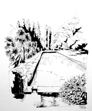 Dibujo titulada "Bassin du jardin de…" por Veronique Gaudin, Obra de arte original, Tinta