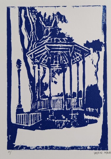 Incisioni, stampe intitolato "Le kiosque" da Veronique Gaudin, Opera d'arte originale, Incisioni su linoleum