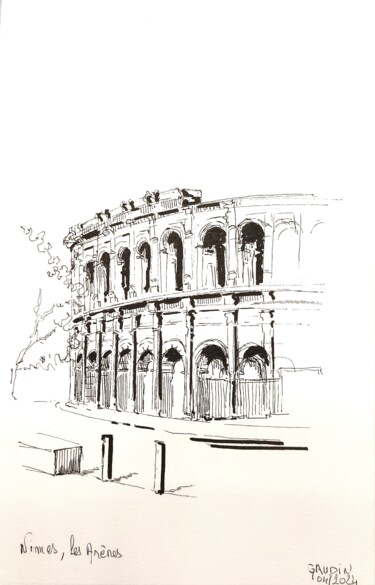 Tekening getiteld "Les arènes de Nîmes" door Veronique Gaudin, Origineel Kunstwerk, Inkt