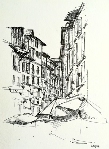 Dessin intitulée "rue d'Espagne à Bay…" par Veronique Gaudin, Œuvre d'art originale, Encre