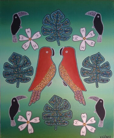 Malerei mit dem Titel "Perroquets" von Véronique Génot, Original-Kunstwerk, Öl