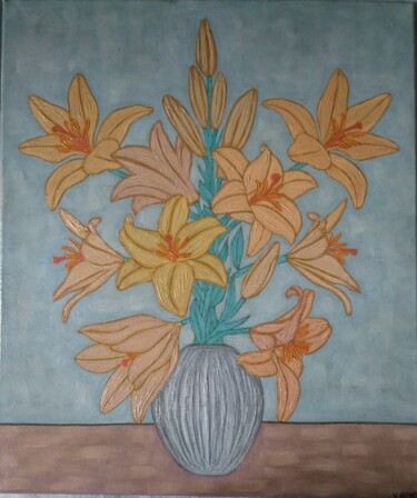 Malerei mit dem Titel "Bouquet de lys" von Véronique Génot, Original-Kunstwerk, Öl