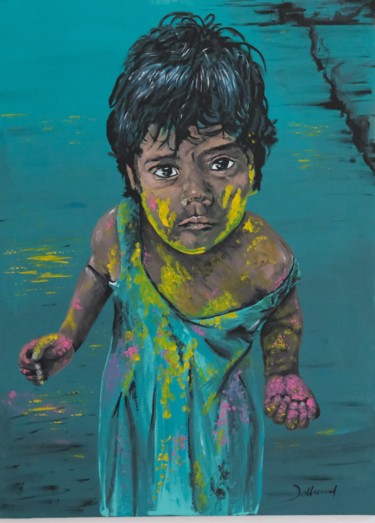 Malerei mit dem Titel "Portrait enfant. Fê…" von Véronique Jolly, Original-Kunstwerk, Acryl