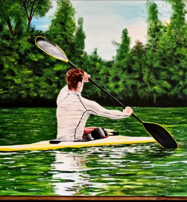 Painting titled "Sur son canoë" by Véronique Jolly, Original Artwork, Acrylic