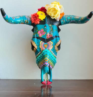 Design intitulée "Crâne de vache faço…" par Véronique Jolly, Œuvre d'art originale, Acrylique
