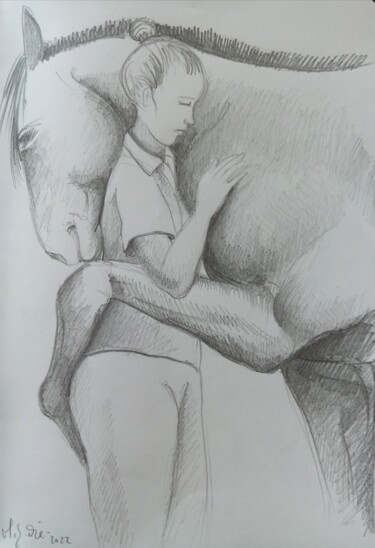 Dessin intitulée "Ami cheval" par Veronique Labadie Layton, Œuvre d'art originale, Crayon