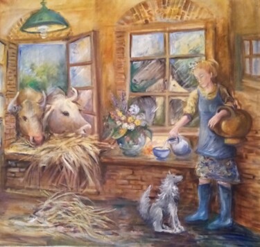 Painting titled "La ferme" by Veronique Labadie Layton, Original Artwork, Oil Mounted on Wood Stretcher frame