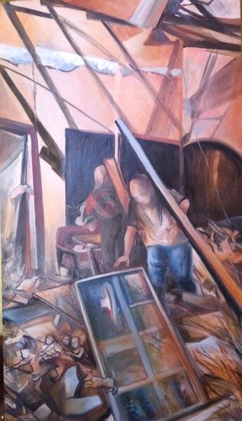 Painting titled "Decouverte de l ate…" by Veronique Labadie Layton, Original Artwork, Oil Mounted on Other rigid panel