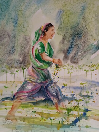 Painting titled "Indienne verte" by Veronique Labadie Layton, Original Artwork, Watercolor