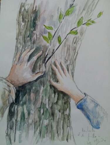 Malerei mit dem Titel "Mains sur l arbre" von Veronique Labadie Layton, Original-Kunstwerk, Aquarell