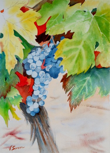 Painting titled "Cep de vigne" by Véronique Lauron, Original Artwork, Watercolor