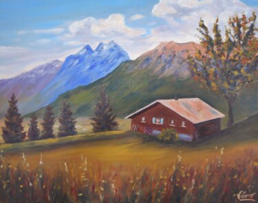 Painting titled "Le chalet en alpage" by Véronique Lauron, Original Artwork, Oil