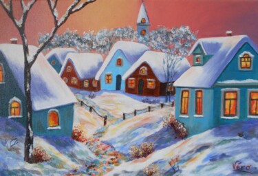 Painting titled "Le village sous la…" by Véronique Lauron, Original Artwork, Acrylic