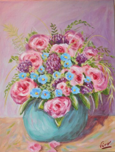 Картина под названием "Bouquet de roses" - Véronique Lauron, Подлинное произведение искусства, Акрил