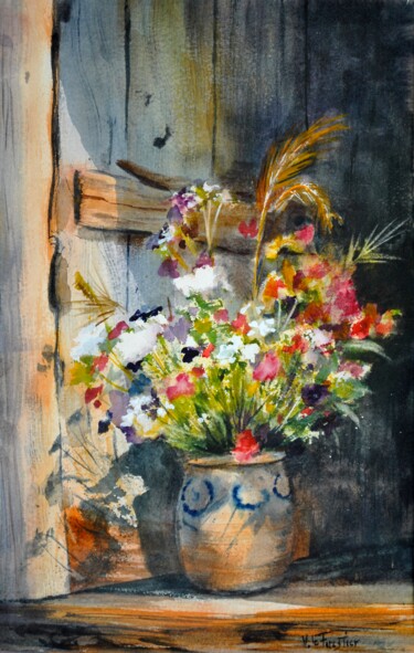 Peinture intitulée "Fleurs à la fenêtre" par Véronique Le Forestier, Œuvre d'art originale, Aquarelle
