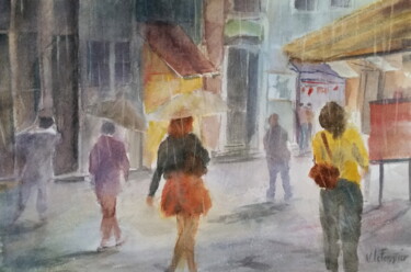 Painting titled "Avec la pluie" by Véronique Le Forestier, Original Artwork, Watercolor
