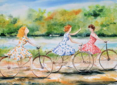 Painting titled "A bicyclette" by Véronique Le Forestier, Original Artwork, Watercolor