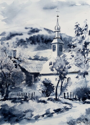 Pintura titulada "Petite église dans…" por Véronique Le Forestier, Obra de arte original, Acuarela