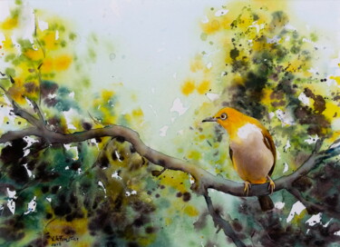 Peinture intitulée "Oiseau jaune sur fo…" par Véronique Le Forestier, Œuvre d'art originale, Aquarelle