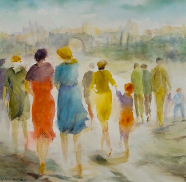 Painting titled "Sur le site" by Véronique Le Forestier, Original Artwork, Watercolor