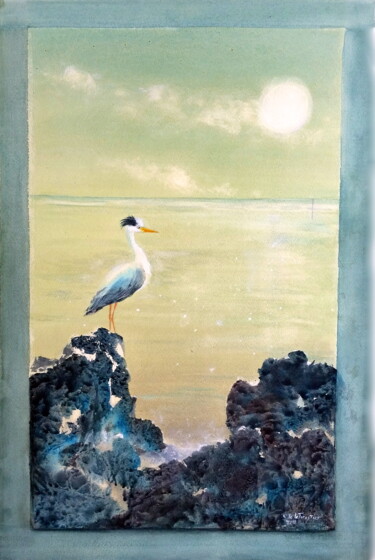 Pintura titulada "Oiseau sur rochers…" por Véronique Le Forestier, Obra de arte original, Acuarela
