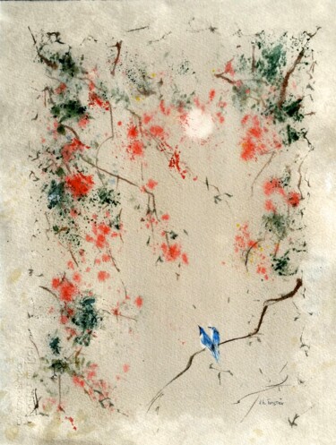 Painting titled "Deux oiseaux bleus…" by Véronique Le Forestier, Original Artwork, Watercolor