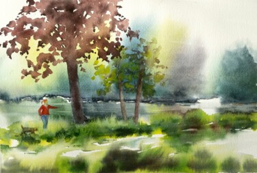 Pintura intitulada "Etang de villeneuve" por Véronique Le Forestier, Obras de arte originais, Aquarela