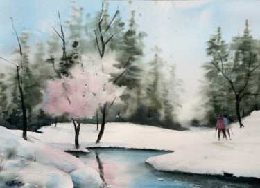 Malerei mit dem Titel "Arbre rose / neige" von Véronique Le Forestier, Original-Kunstwerk, Aquarell