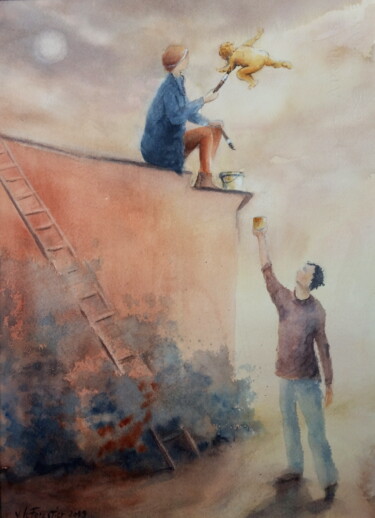 Peinture intitulée "Peindre sur le ciel" par Véronique Le Forestier, Œuvre d'art originale