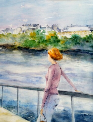 Painting titled "Sur le quai" by Véronique Le Forestier, Original Artwork, Watercolor