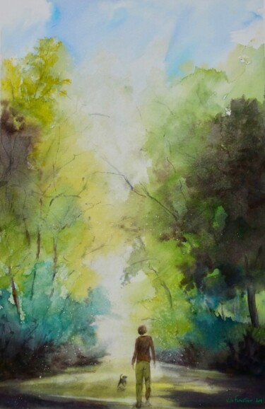 Painting titled "Au bois avec son ch…" by Véronique Le Forestier, Original Artwork, Watercolor