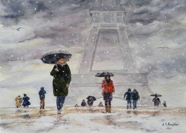 Painting titled "Au Trocadero neige" by Véronique Le Forestier, Original Artwork, Watercolor