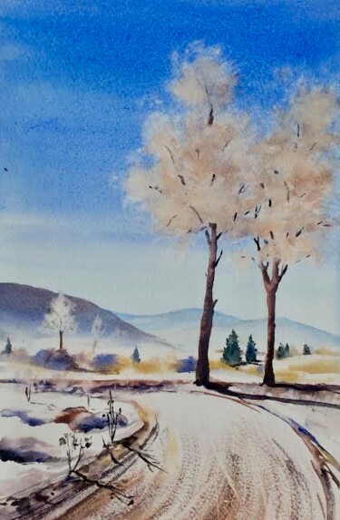 Painting titled "Hiver dans le Jura" by Véronique Le Forestier, Original Artwork, Watercolor