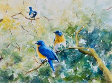 Ζωγραφική με τίτλο "Trois oiseaux perch…" από Véronique Le Forestier, Αυθεντικά έργα τέχνης, Ακουαρέλα