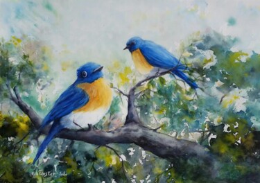 Painting titled "Deux oiseaux bleus…" by Véronique Le Forestier, Original Artwork, Watercolor