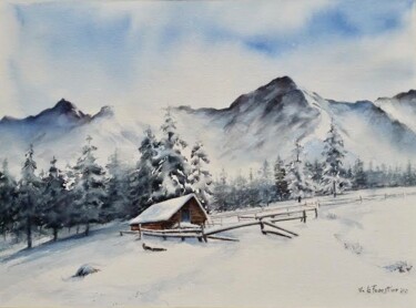 Painting titled "Bergerie sous la ne…" by Véronique Le Forestier, Original Artwork, Watercolor