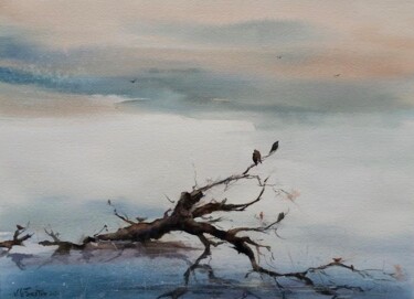 Painting titled "Oiseaux sur un tronc" by Véronique Le Forestier, Original Artwork, Watercolor